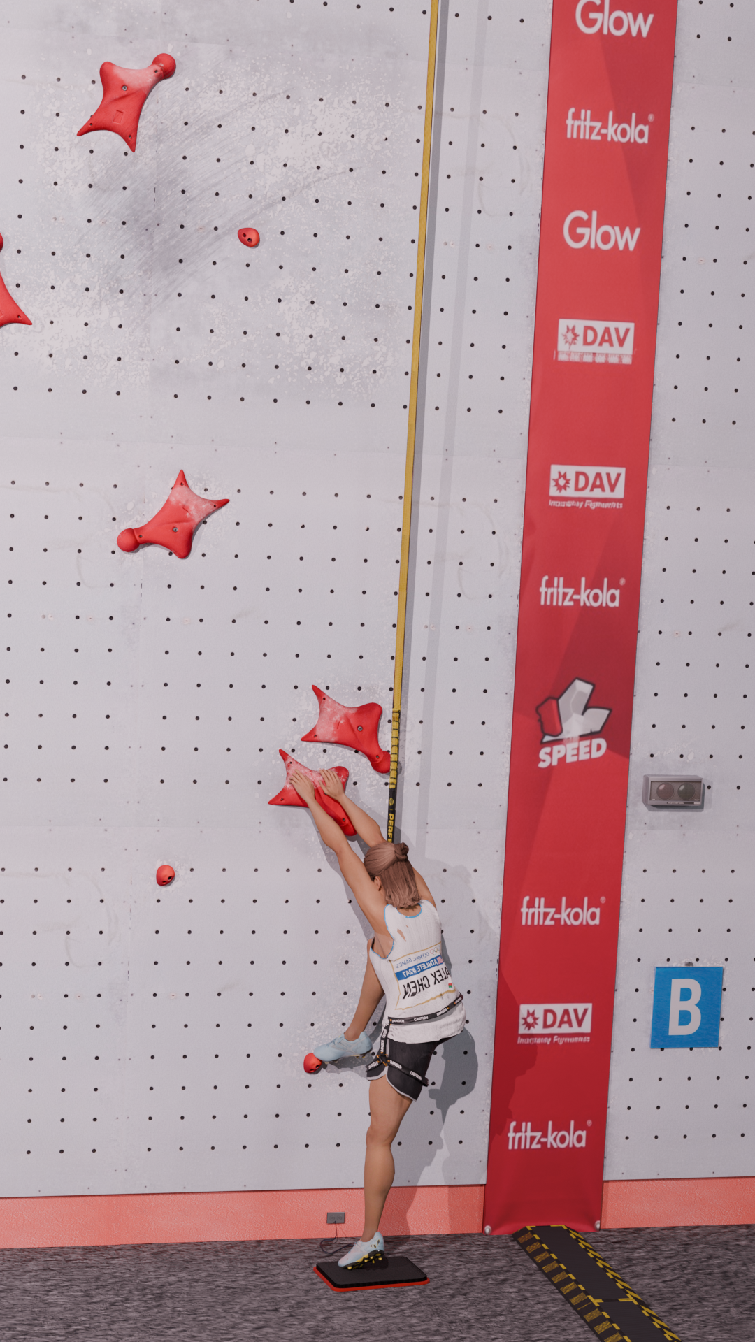Synthetic climber at the start of the wall